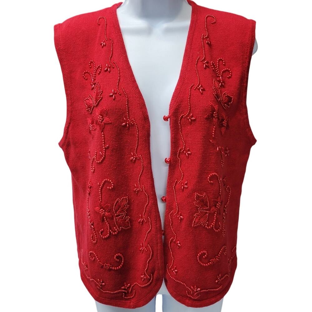 VTG Requirement Womens L RED Floral Embroidered Beaded Knit Sweater Vest Grandma